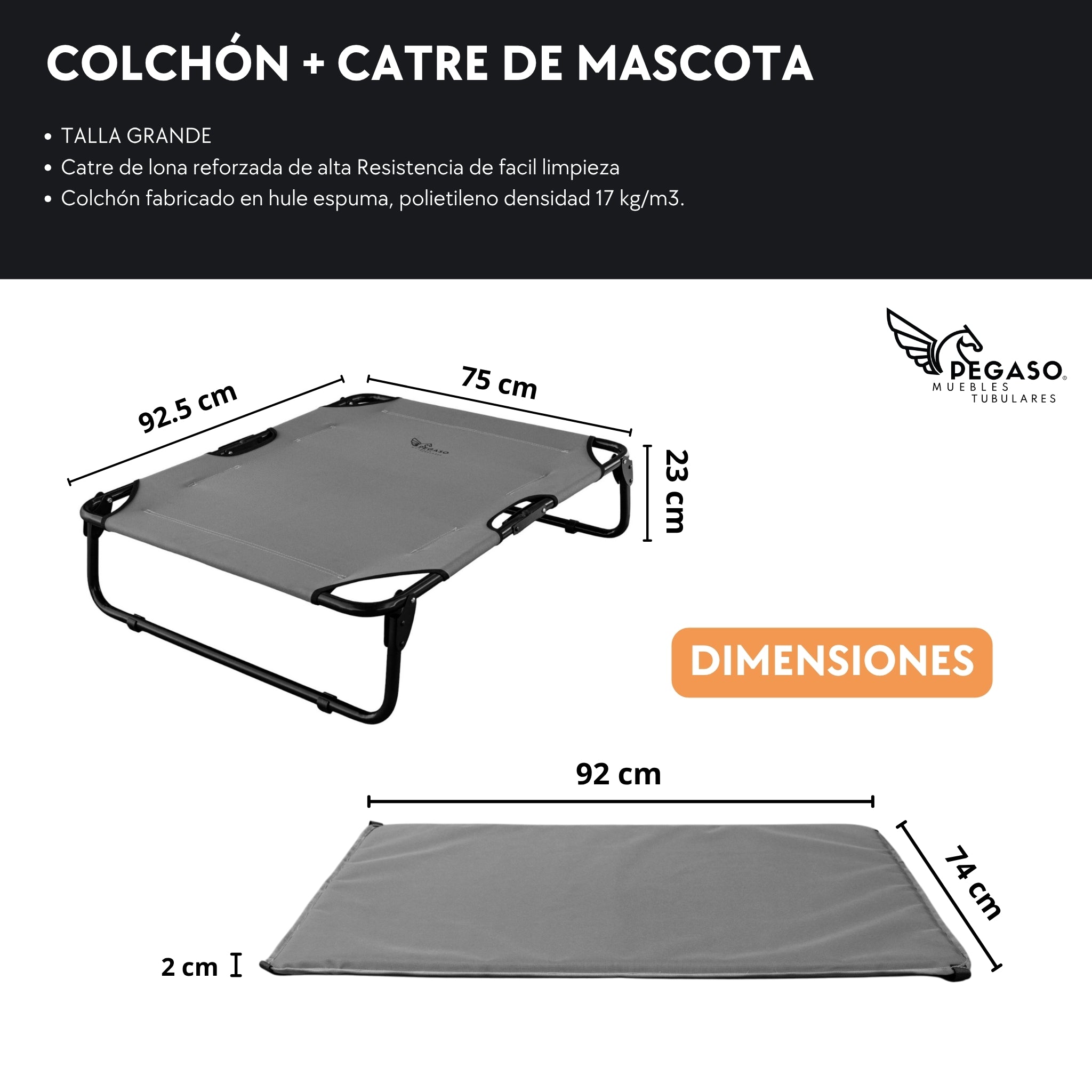 PEGASO KIT Cama/Catre + Colchoneta para Perro tamaño Grande, 92.5 x 75 x 18 cm (Mod KM-GD)