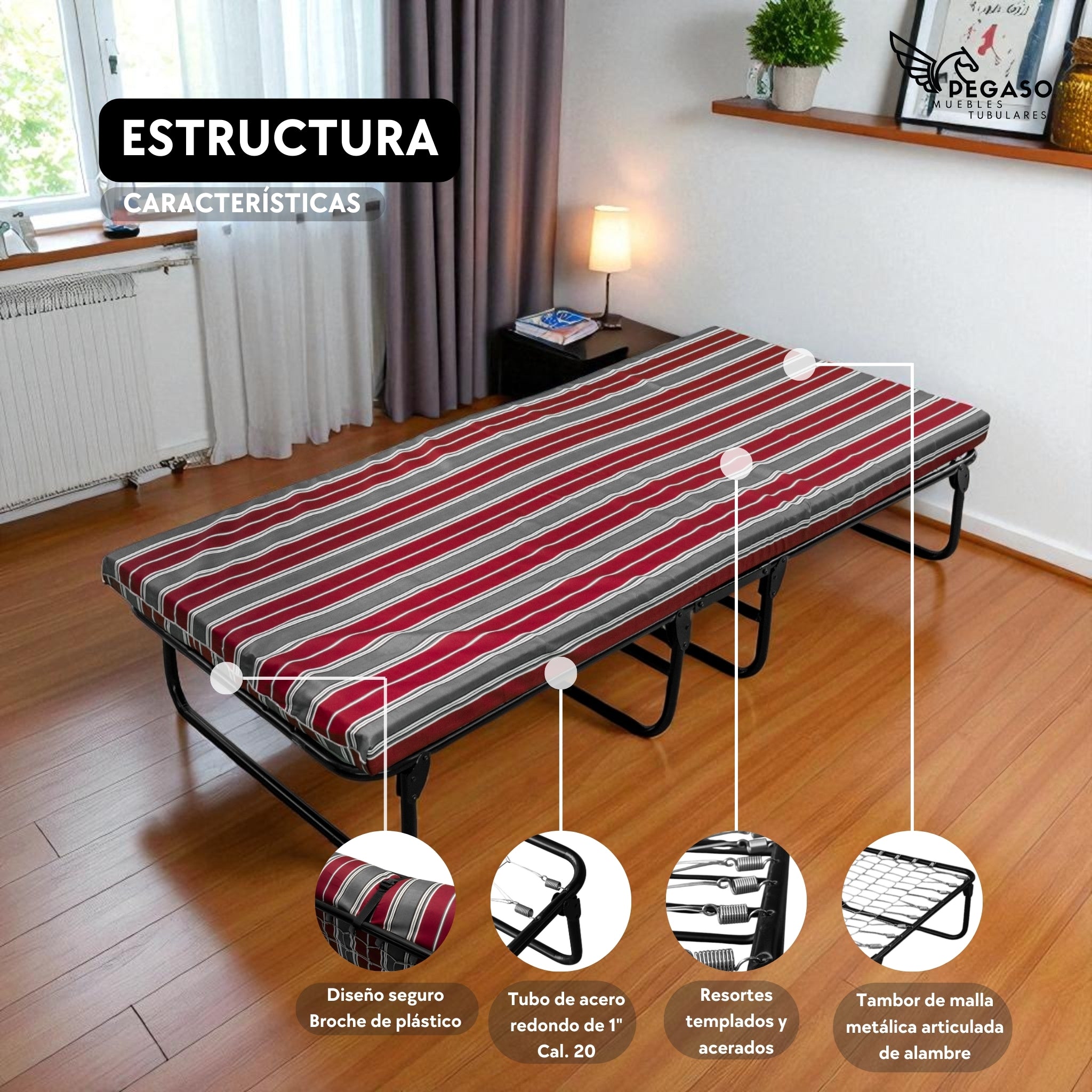 Catre Camastro Plegable con Colchón de Hule espuma de 8 cm (Mod KM8)