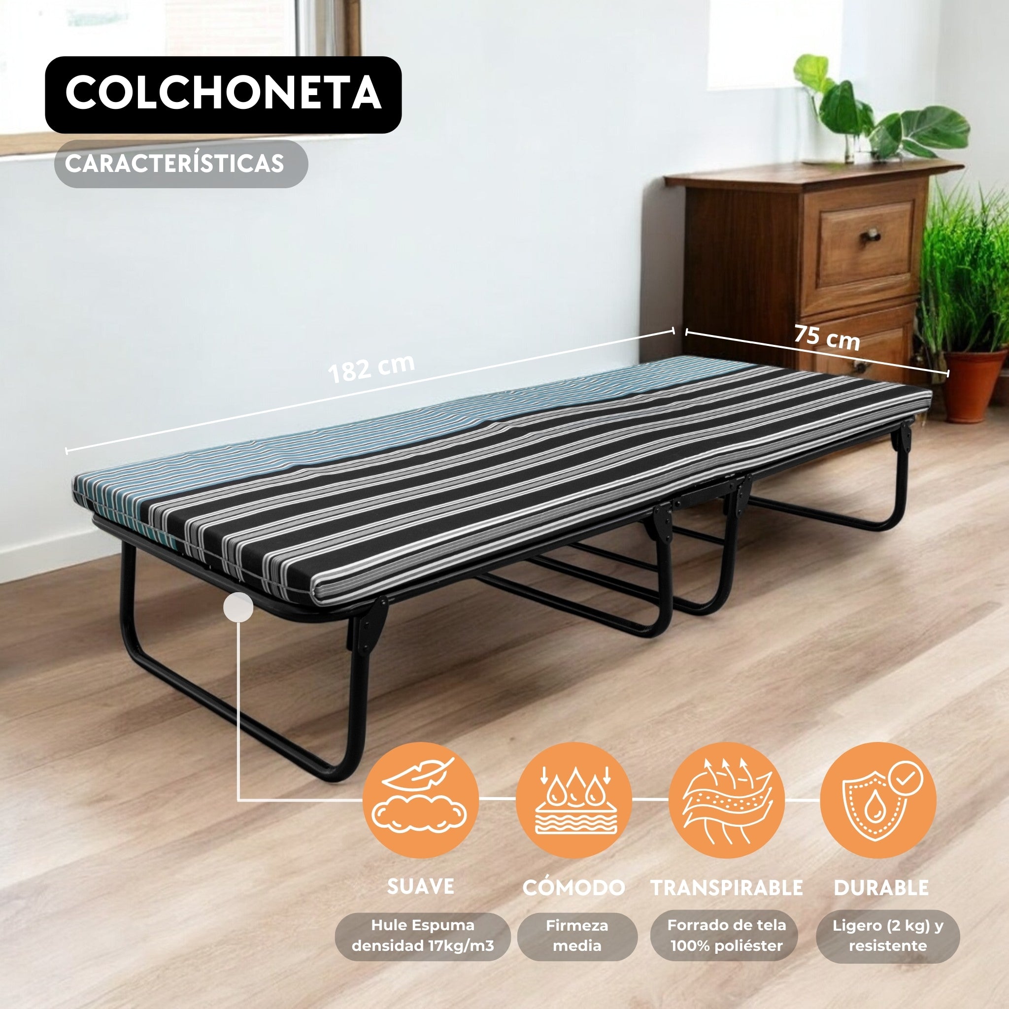 Catre Camastro Plegable con Colchón de Hule Espuma de 6 cm (Mod KM6)