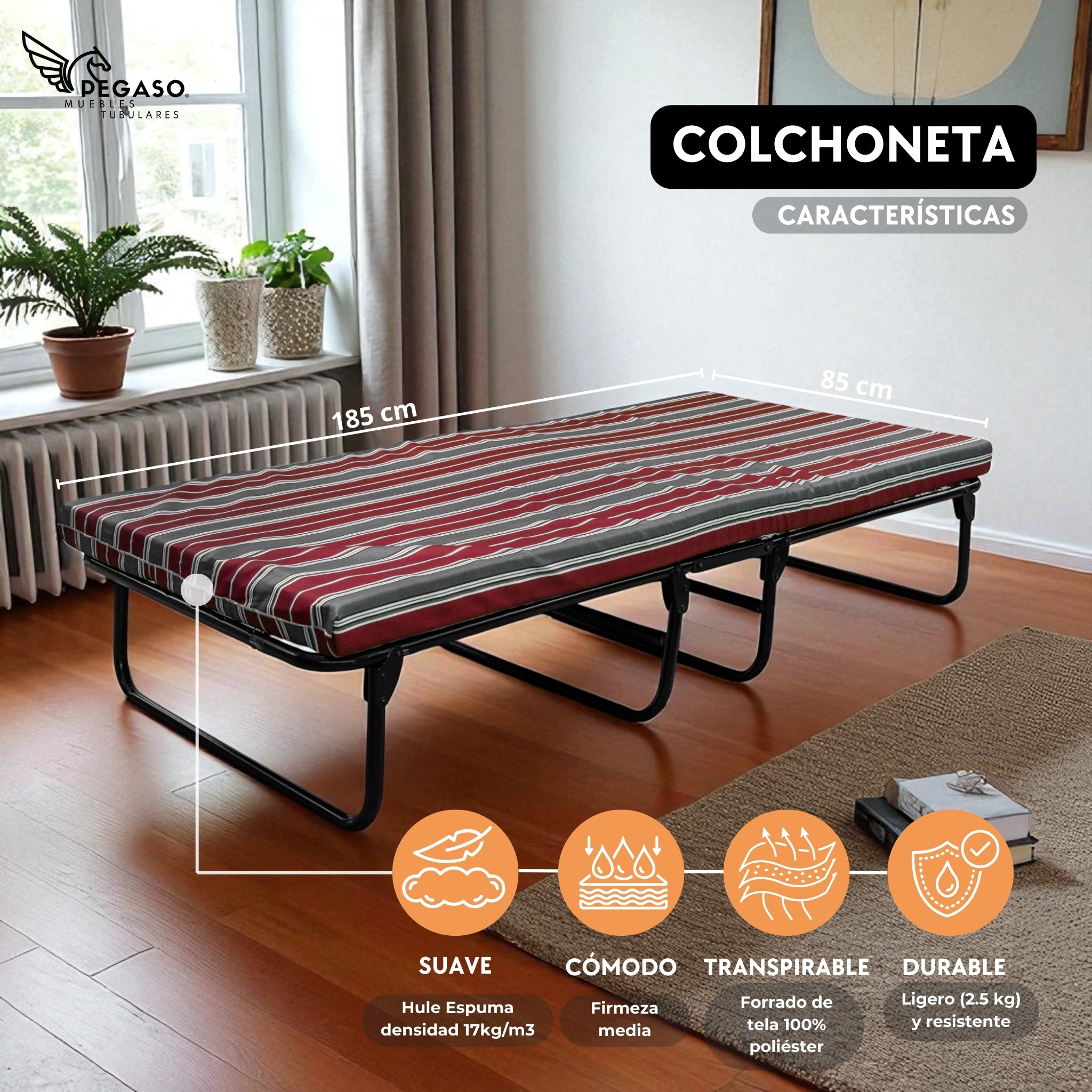 Catre Camastro Plegable con Colchón de Hule espuma de 8 cm (Mod KM8)