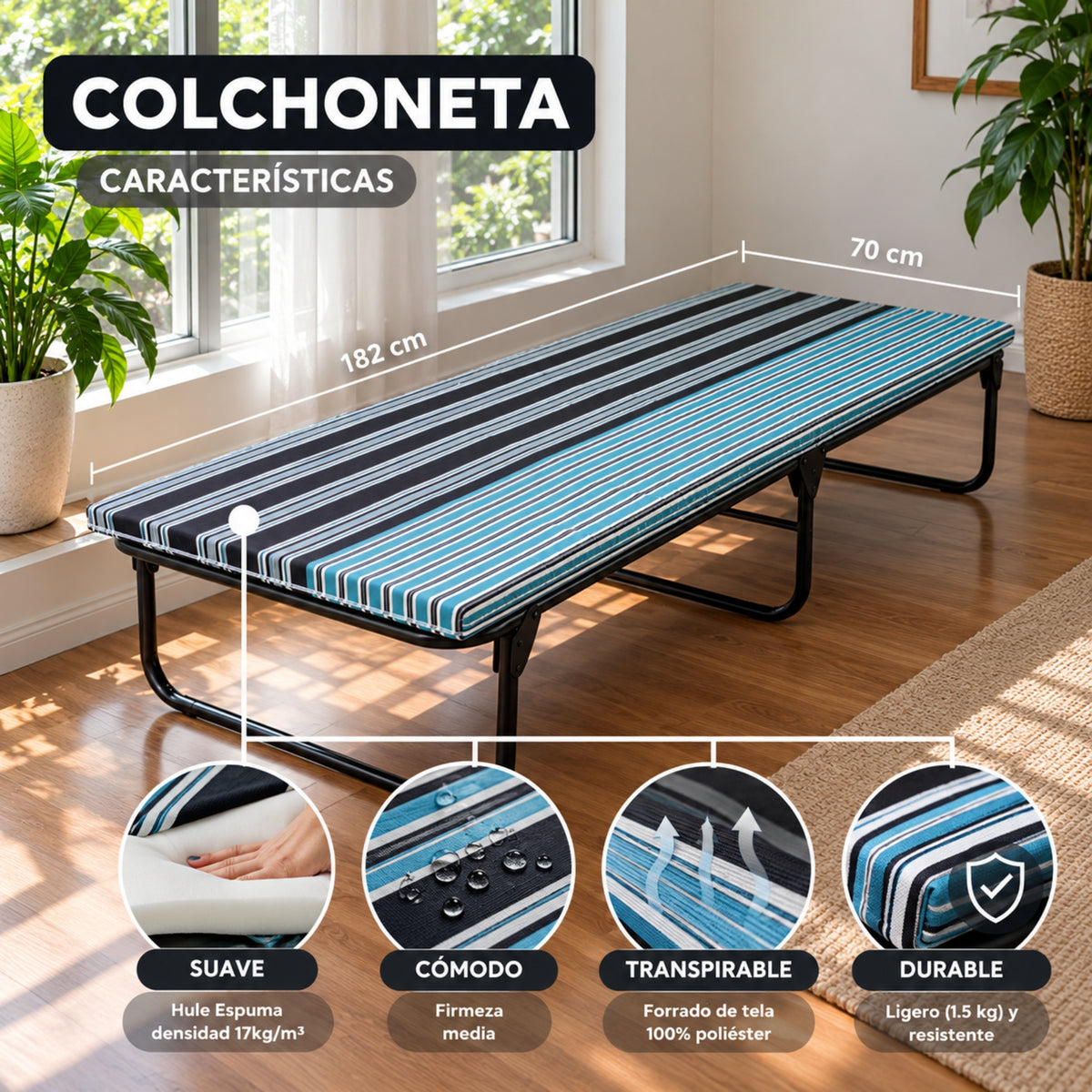 Catre Camastro Plegable / Colchón de Hule Espuma de 4 cm (Mod KM4)