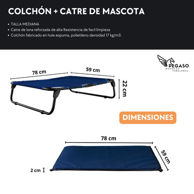PEGASO KIT Cama/Catre + Colchoneta para Perro tamaño Mediano, 78 x 59 x 18 cm (Mod KM-MD)