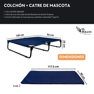 PEGASO KIT Cama/Catre + Colchoneta para Perro tamaño Extra Grande, 122x92x18 cm (Mod KM-EG)
