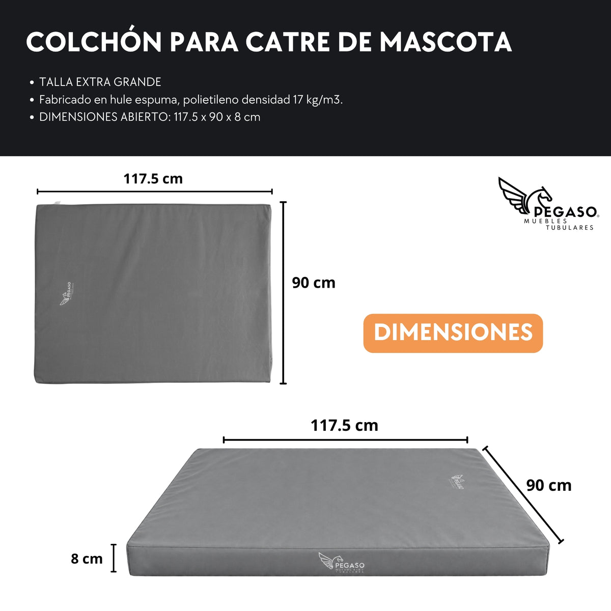 PEGASO Colchón para Mascota, Lona de Alta Resistencia, Impermeable, con cierre, 8 cm Grosor (CH, MD, GD, EG)