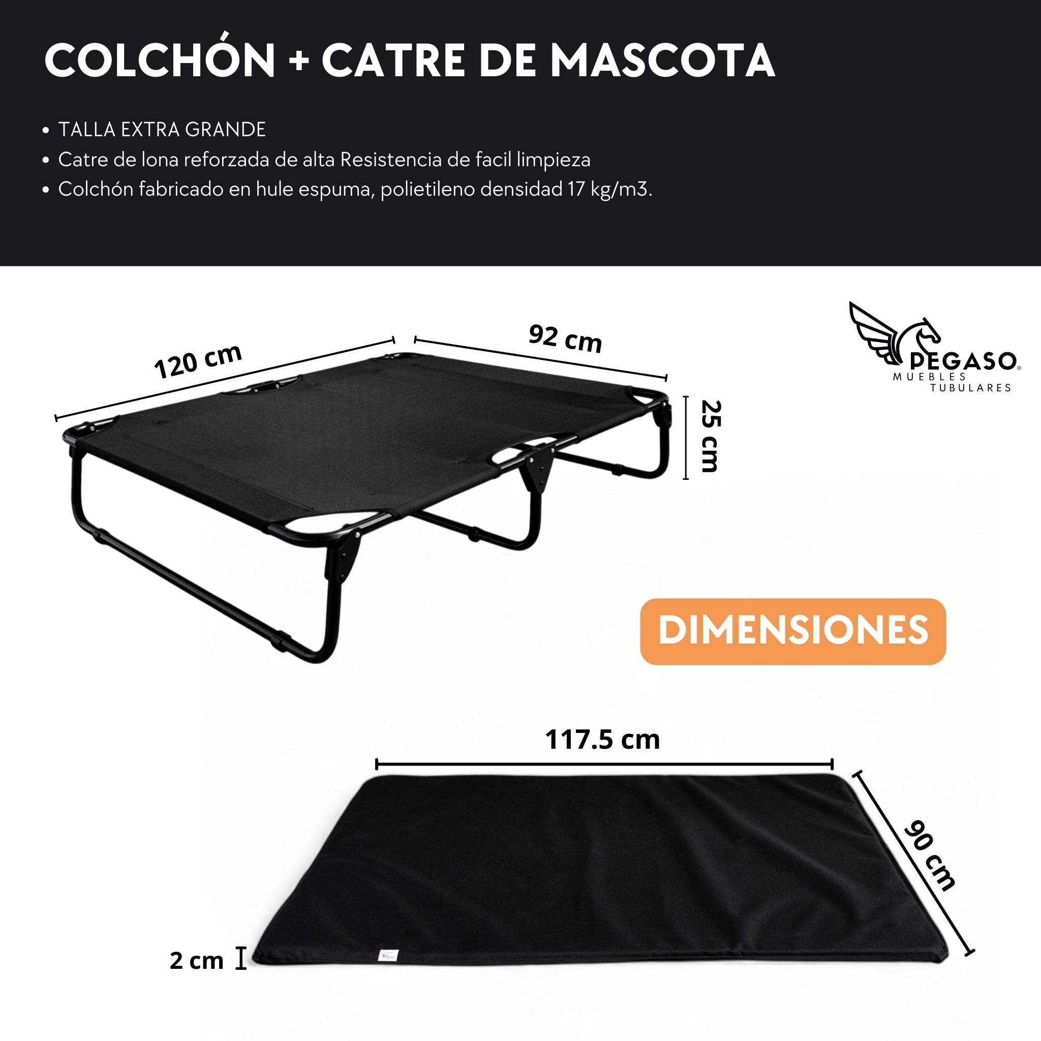 PEGASO KIT Cama/Catre + Colchoneta para Perro tamaño Extra Grande, 122x92x18 cm (Mod KM-EG)