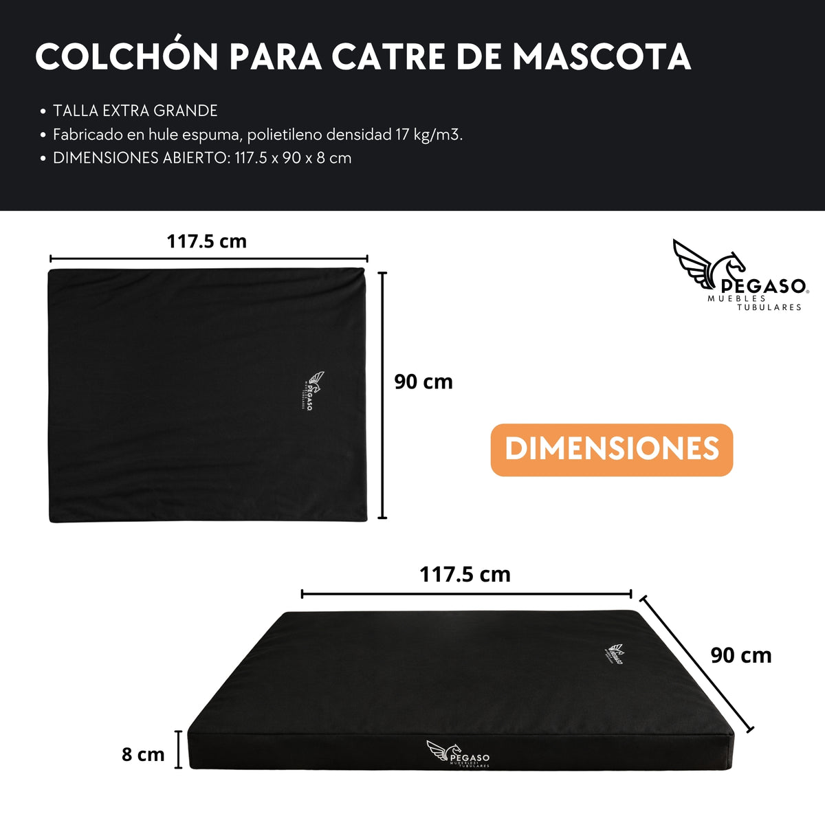 PEGASO Colchón para Mascota, Lona de Alta Resistencia, Impermeable, con cierre, 8 cm Grosor (CH, MD, GD, EG)