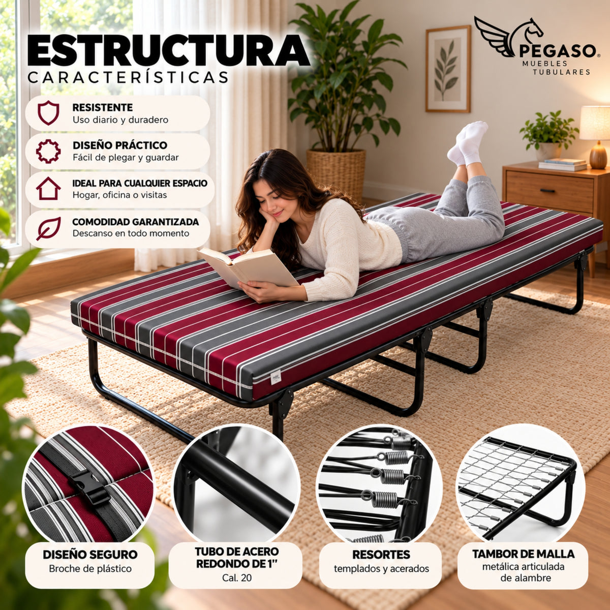 Catre Camastro Plegable con Colchón de Hule espuma de 8 cm (Mod KM8)