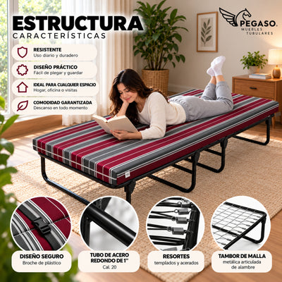 Catre Camastro Plegable con Colchón de Hule espuma de 8 cm (Mod KM8)