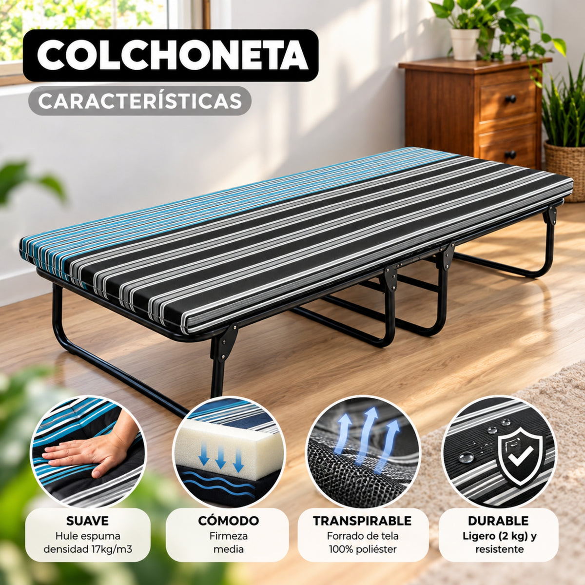 Catre Camastro Plegable con Colchón de Hule Espuma de 6 cm (Mod KM6)