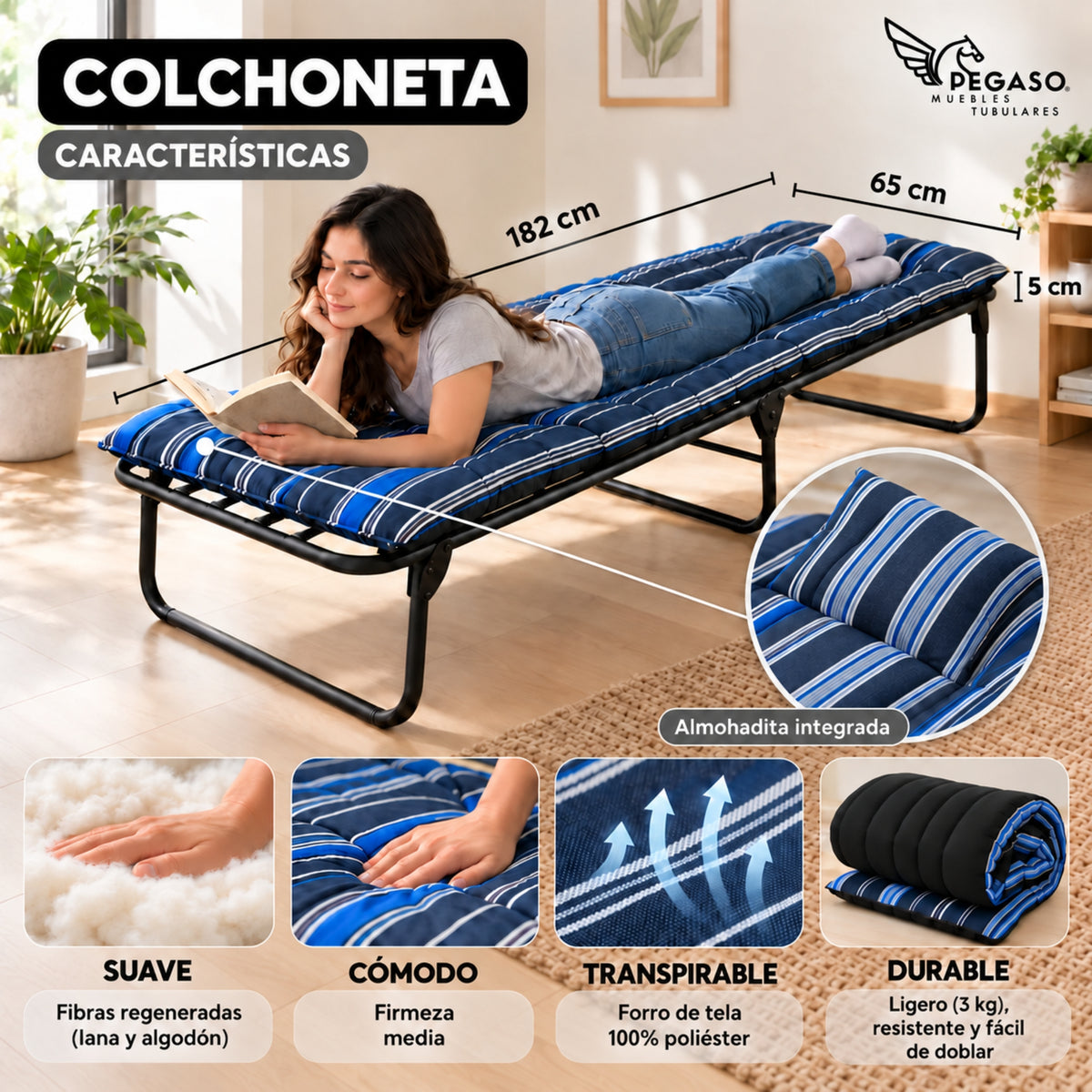Catre Camastro Plegable de Lona Reforzada + Colchón de Borra de 5 cm (KSL-B)