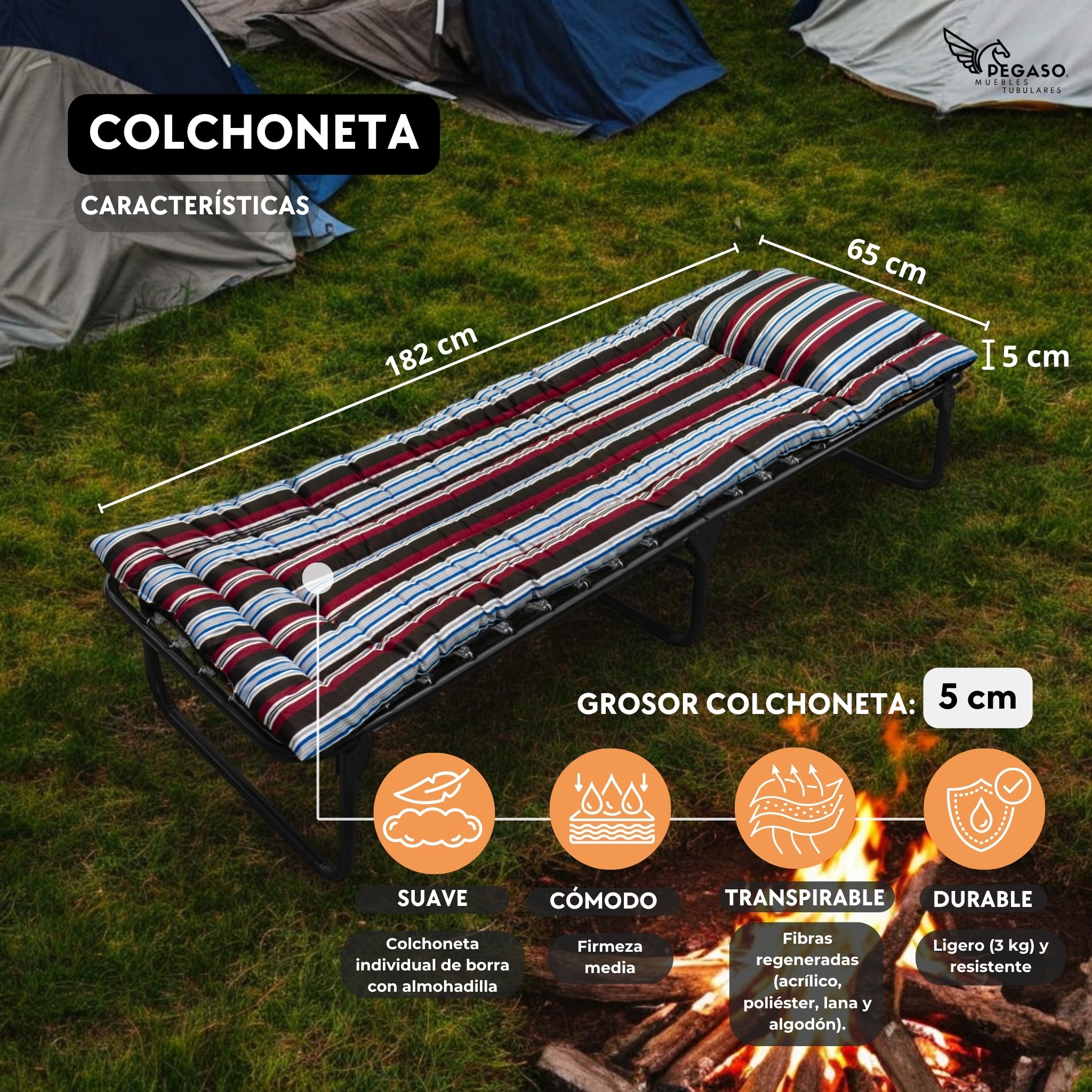 Folding Bed Cot / Reinforced Canvas + 5 cm Fleece Mattress