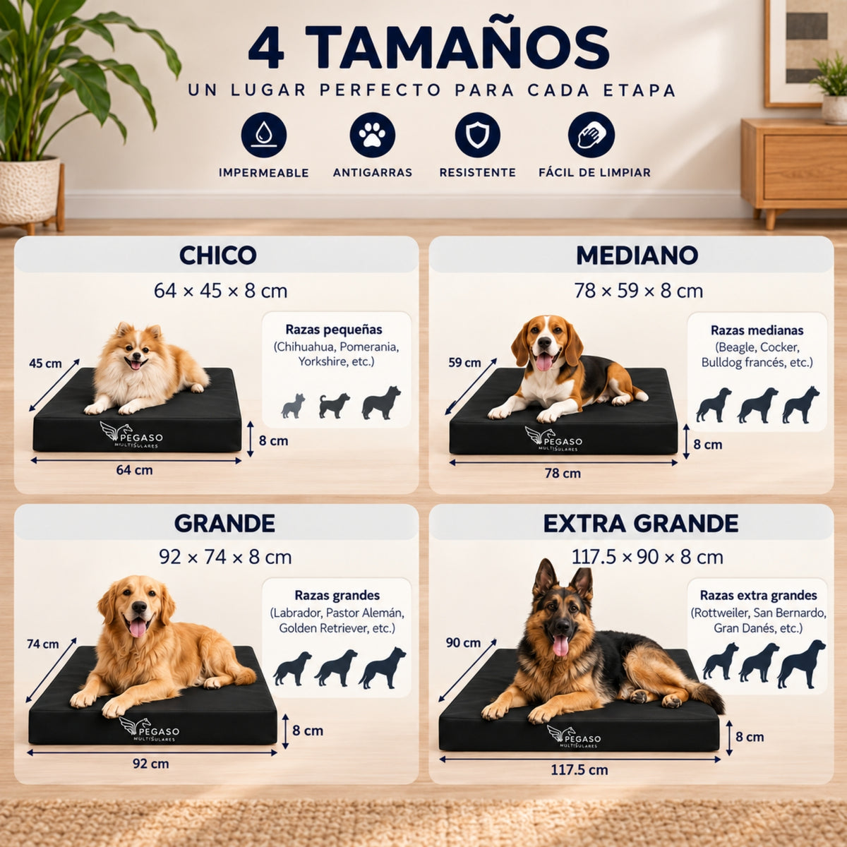 PEGASO Colchón para Mascota, Lona de Alta Resistencia, Impermeable, con cierre, 8 cm Grosor (CH, MD, GD, EG)