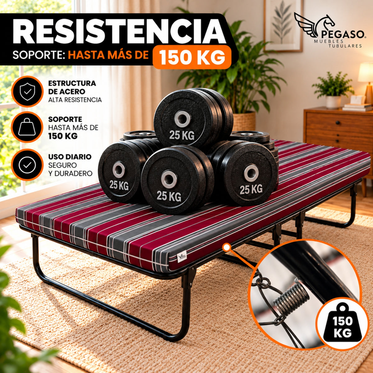 Catre Camastro Plegable con Colchón de Hule espuma de 8 cm (Mod KM8)