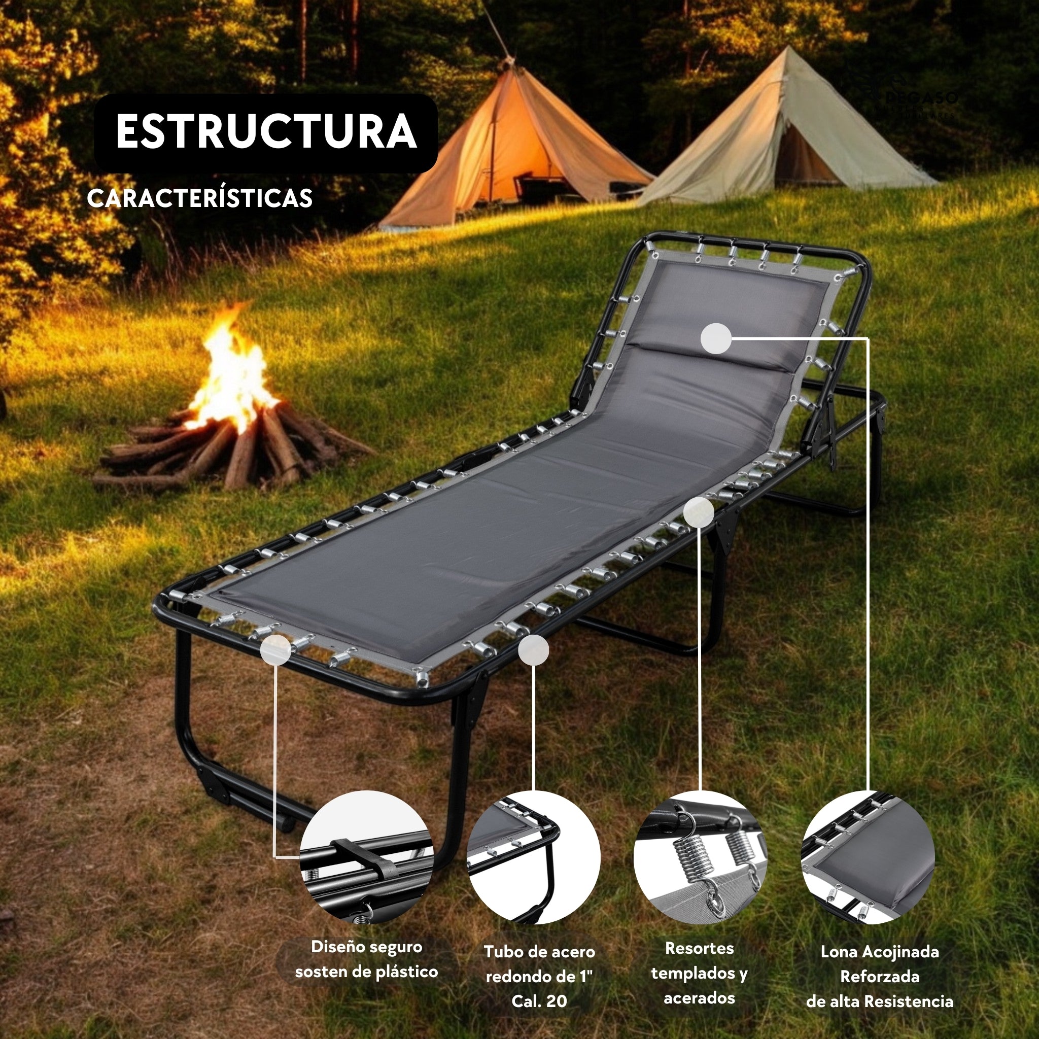 Catre Plegable Acojinado / Reclinable 5 Posiciones (Mod KRA-L)